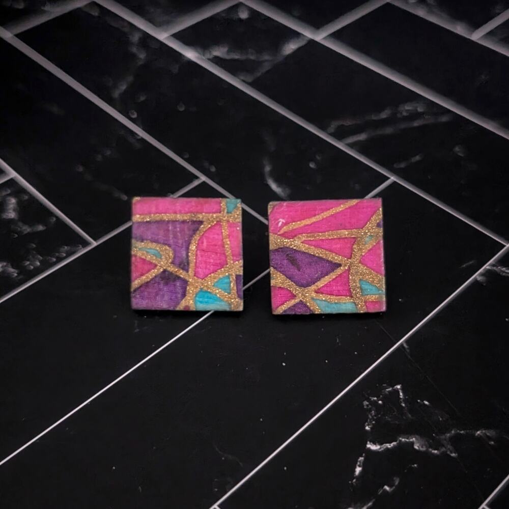 Vintage Stud Earrings Pink/Purple/Teal Geometric Artist Statement
